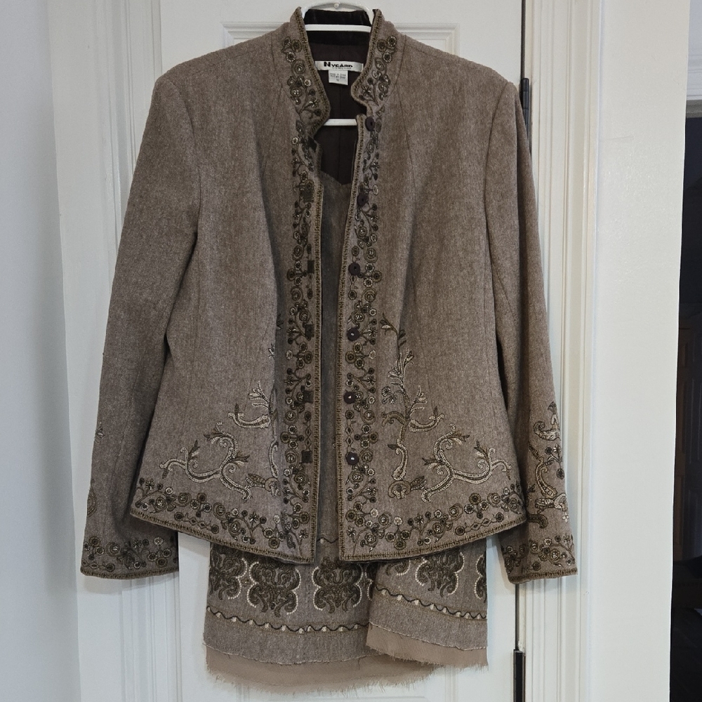 Coldwater Creek Brown Embroidered Blazer and Skirt Set